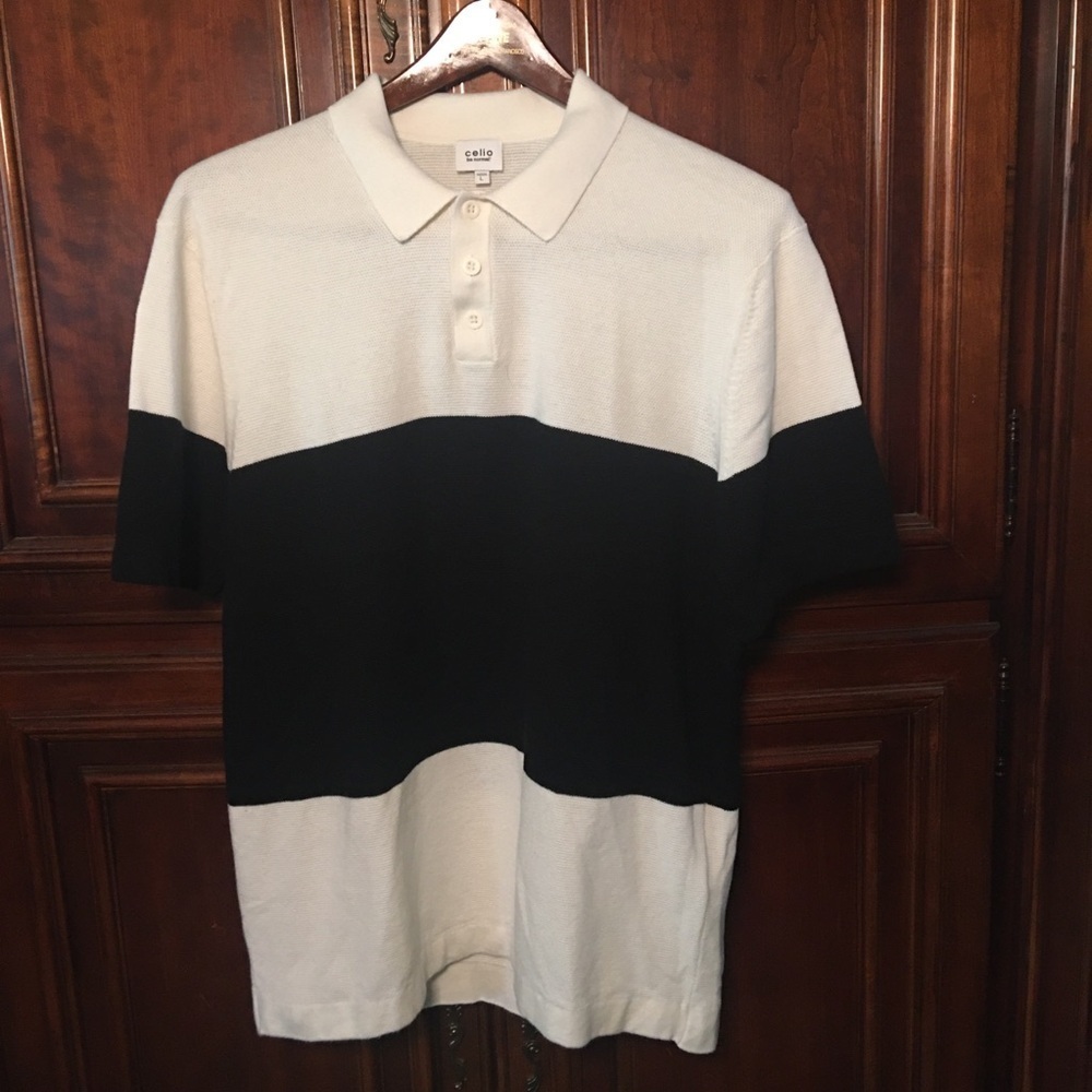 Celio Men’s Striped Polo Shirt Black and white stripe  cotton Size L